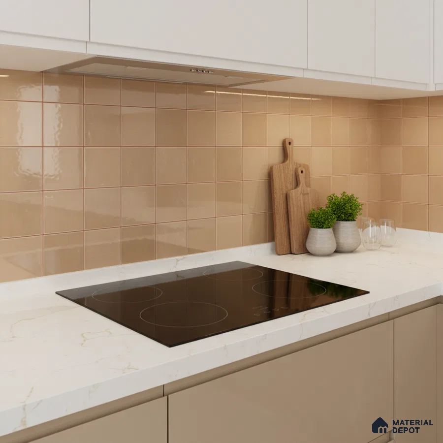 Modern kitchen with beige glossy square backsplash tiles and white marble-look quartz countertop