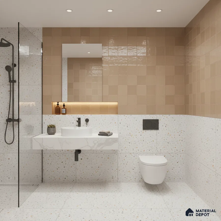 Modern bathroom with beige glossy wall tiles and terrazzo wall and floor tiles