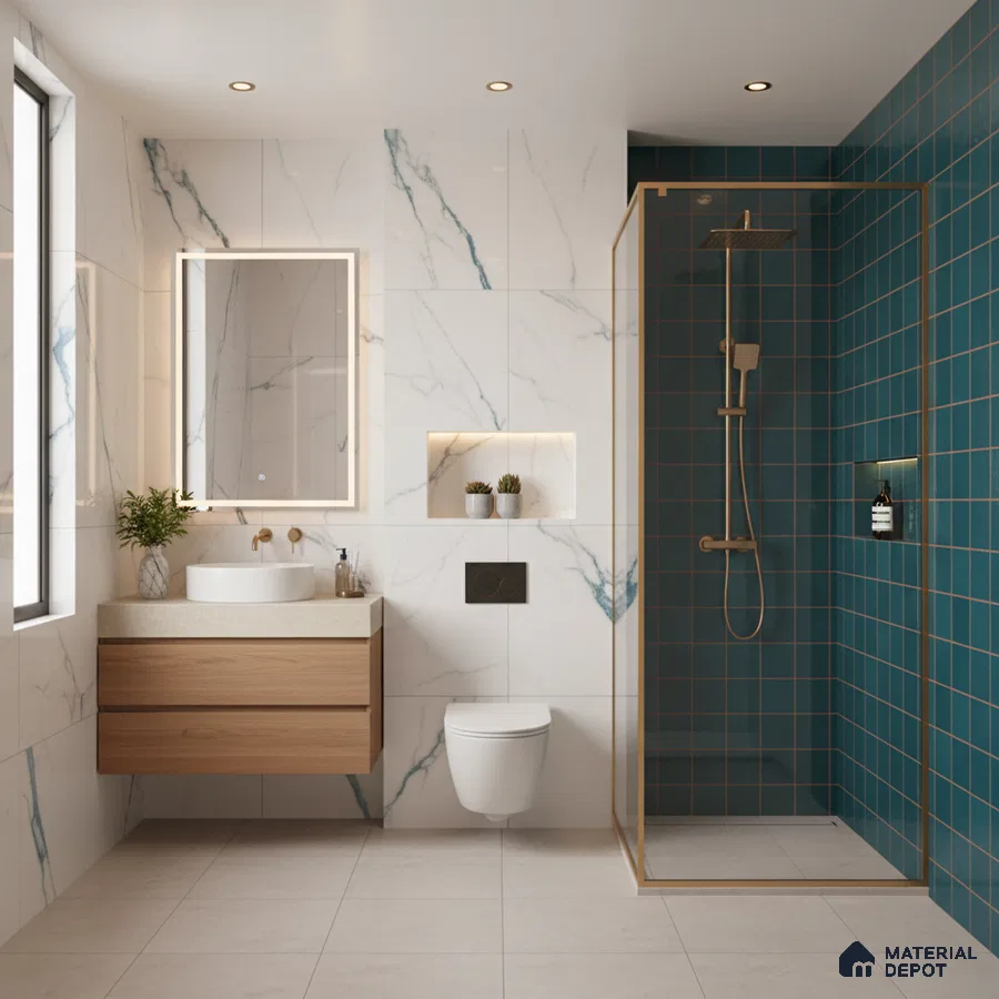 Modern bathroom with white marble wall tiles, teal grid shower tiles, and floating wood vanity