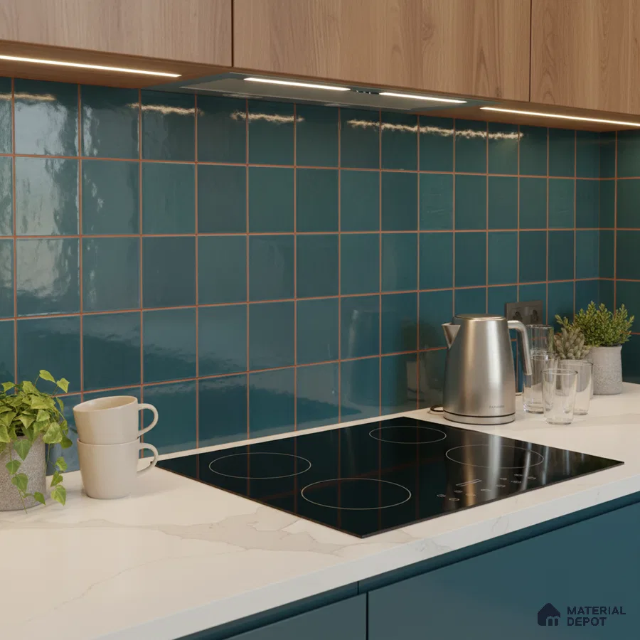 Modern kitchen with teal square backsplash tiles, white marble-look quartz countertop, and wood grain laminate cabinets