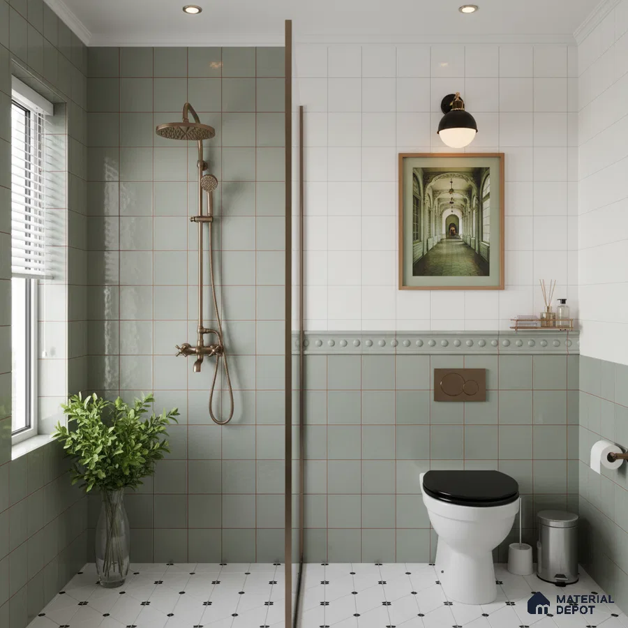 Scandinavian kitchen with sage green laminate cabinets, white terrazzo countertop, and pale grey square backsplash tiles