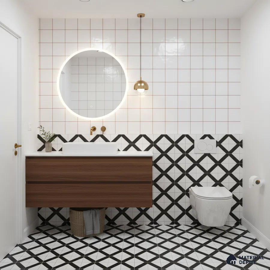 Modern bathroom with geometric black-and-white floor tiles and walnut wood vanity