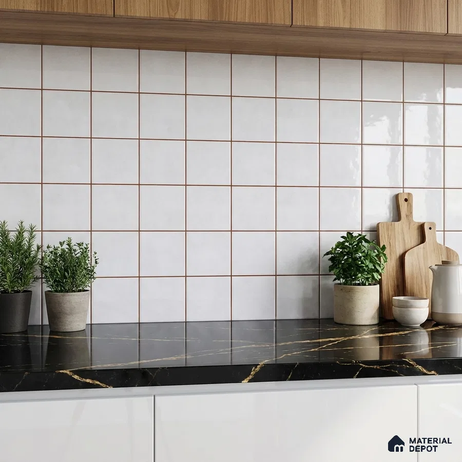 Modern kitchen with black marble countertop, white square wall tiles, and natural wood laminate cabinets