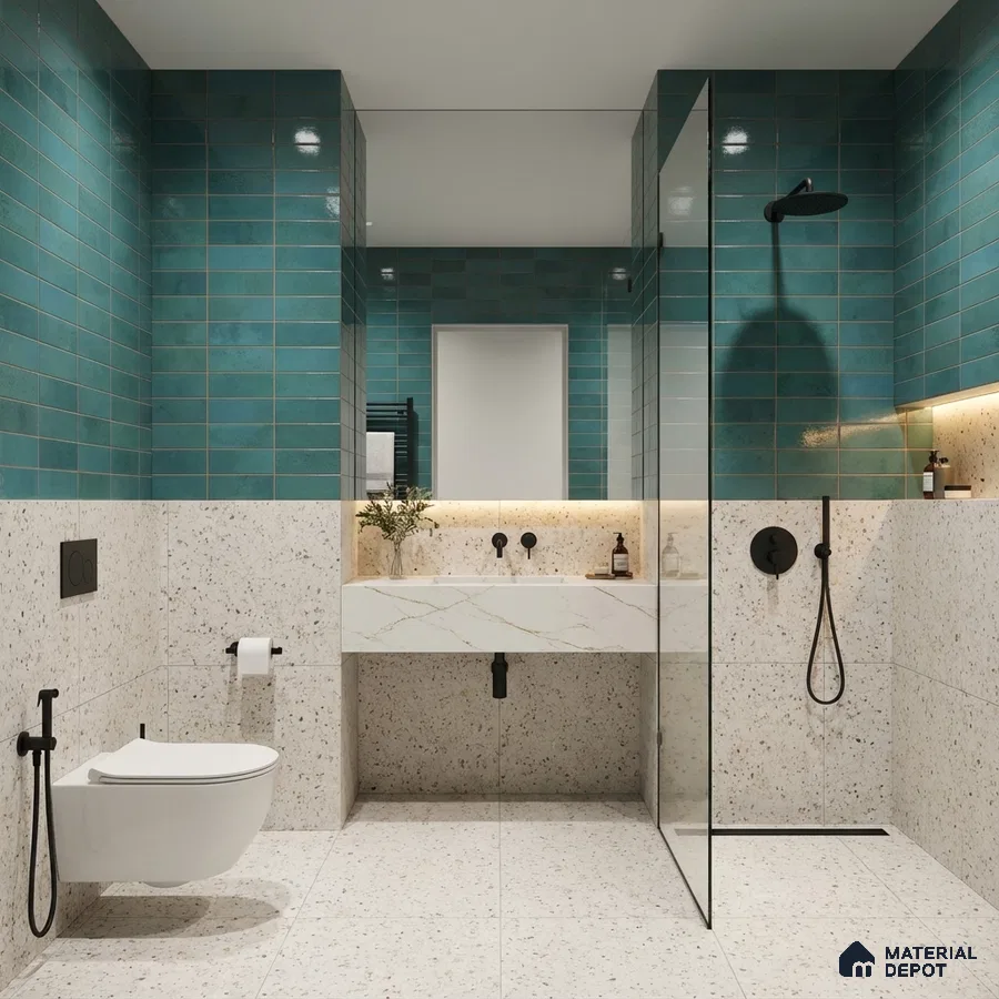 Modern kitchen with teal subway backsplash tile, marble-look quartz countertop, and teal high gloss laminate cabinets