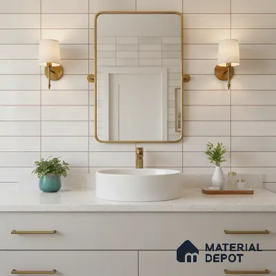 Modern bathroom with white quartz countertop, matte white wall tiles, and gold hardware