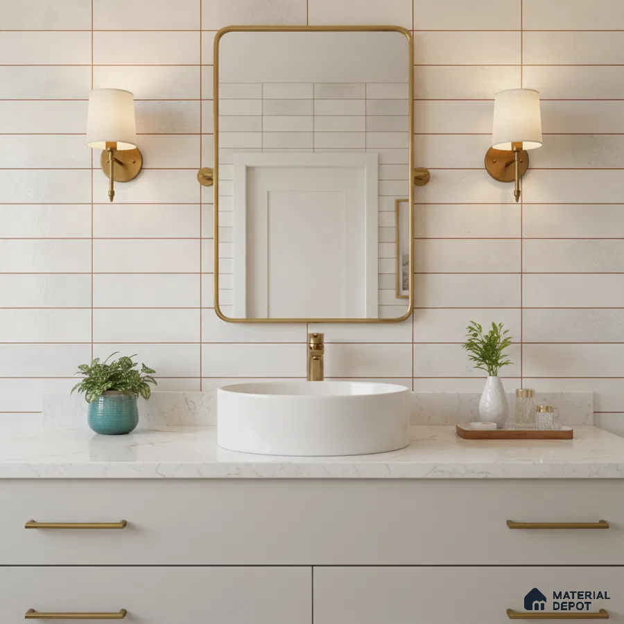 Modern bathroom with white quartz countertop, matte white wall tiles, and gold hardware