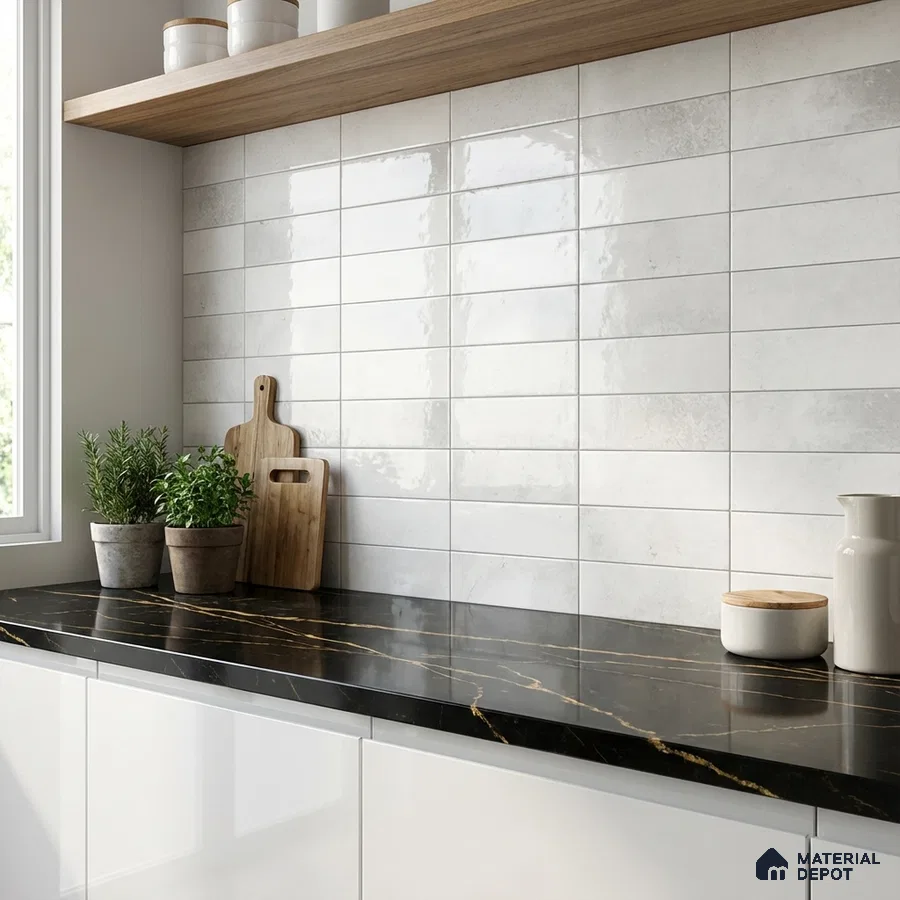 Modern kitchen with glossy white subway wall tiles and black marble countertop