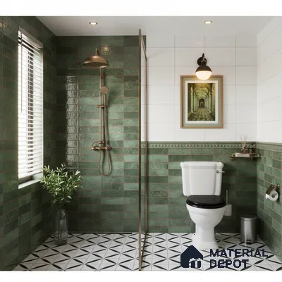 Modern kitchen with sage green laminate cabinets, white quartz countertop, and green subway backsplash tiles