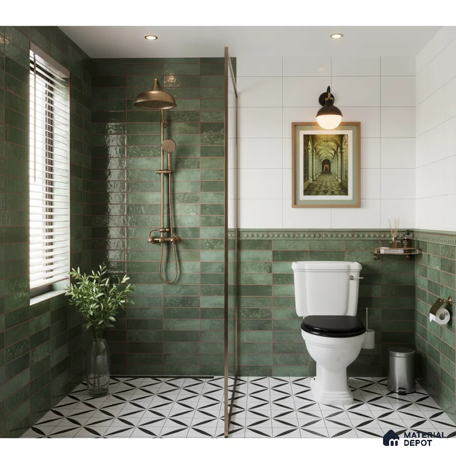 Modern kitchen with sage green laminate cabinets, white quartz countertop, and green subway backsplash tiles