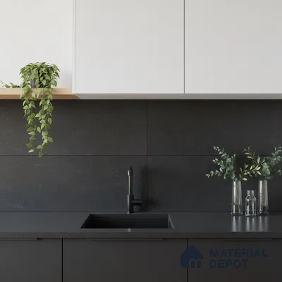 Minimalist kitchen with matte black cabinets, white laminate shutters, and black stone backsplash