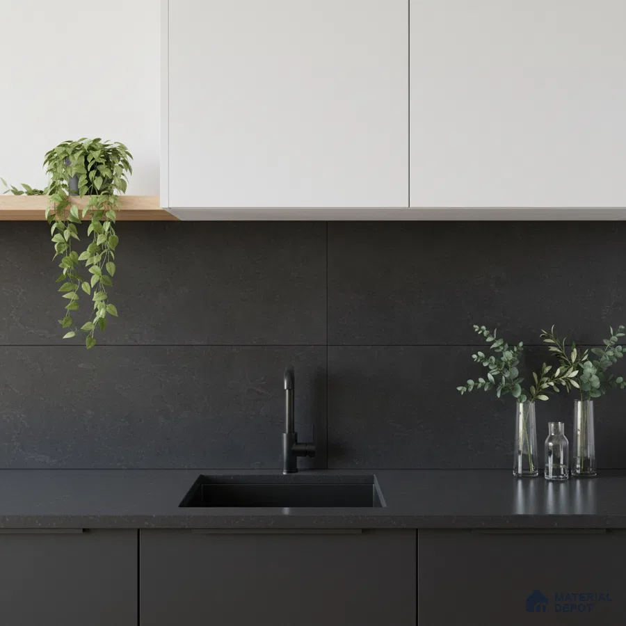 Minimalist kitchen with matte black cabinets, white laminate shutters, and black stone backsplash