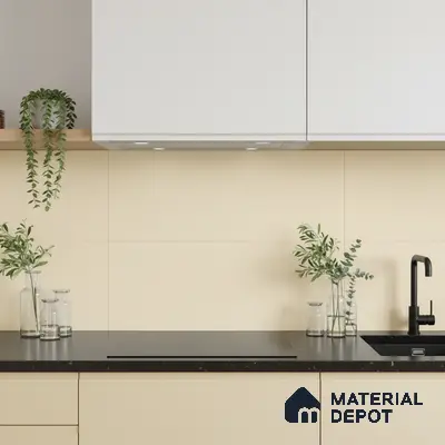 Minimalist kitchen with frosty white laminate cabinets, beige solid color laminate, and black quartz countertop