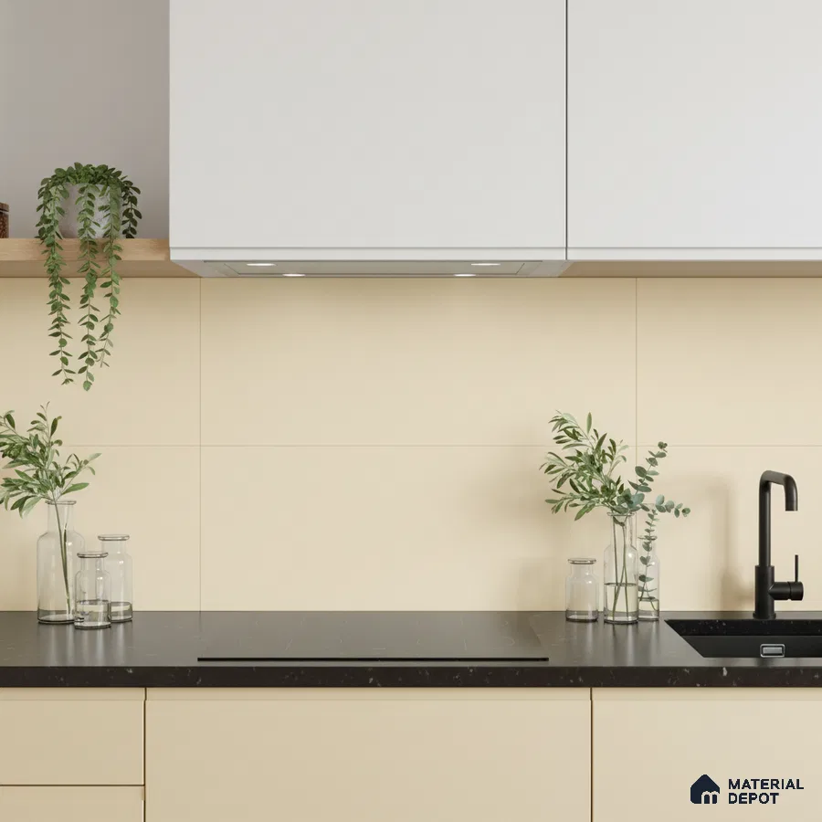 Minimalist kitchen with frosty white laminate cabinets, beige solid color laminate, and black quartz countertop