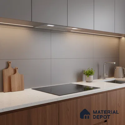 Minimalist kitchen with walnut wood laminate base cabinets, matte grey laminate upper cabinets, and white quartz countertop