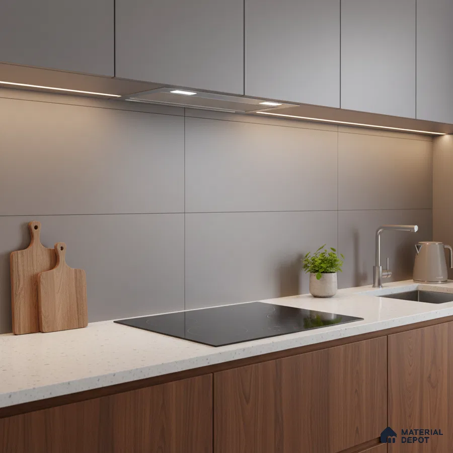 Minimalist kitchen with walnut wood laminate base cabinets, matte grey laminate upper cabinets, and white quartz countertop