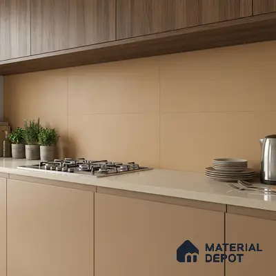 Modern kitchen with beige matte laminate cabinets, walnut wood laminate overheads, and cream quartz countertop