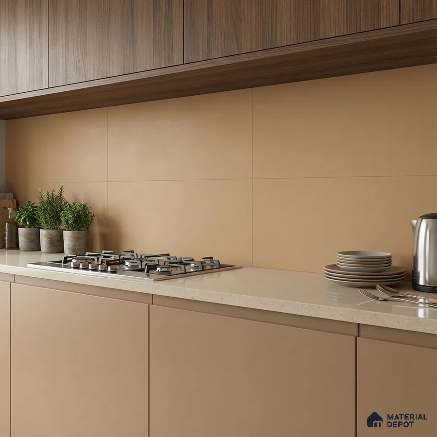 Modern kitchen with beige matte laminate cabinets, walnut wood laminate overheads, and cream quartz countertop