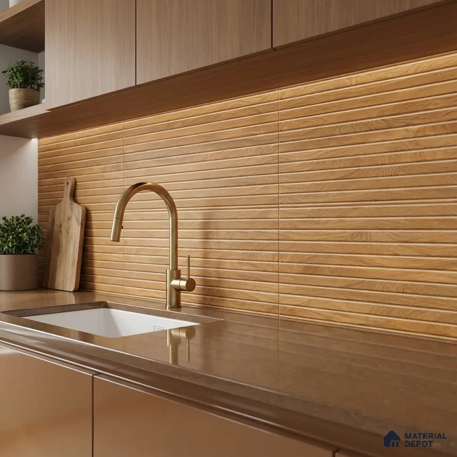 Modern kitchen with wood-look fluted backsplash tile and brown quartz countertop