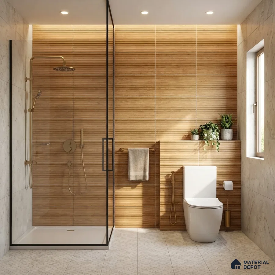 Scandinavian bathroom with wood-look fluted wall tiles and geometric patterned floor tiles