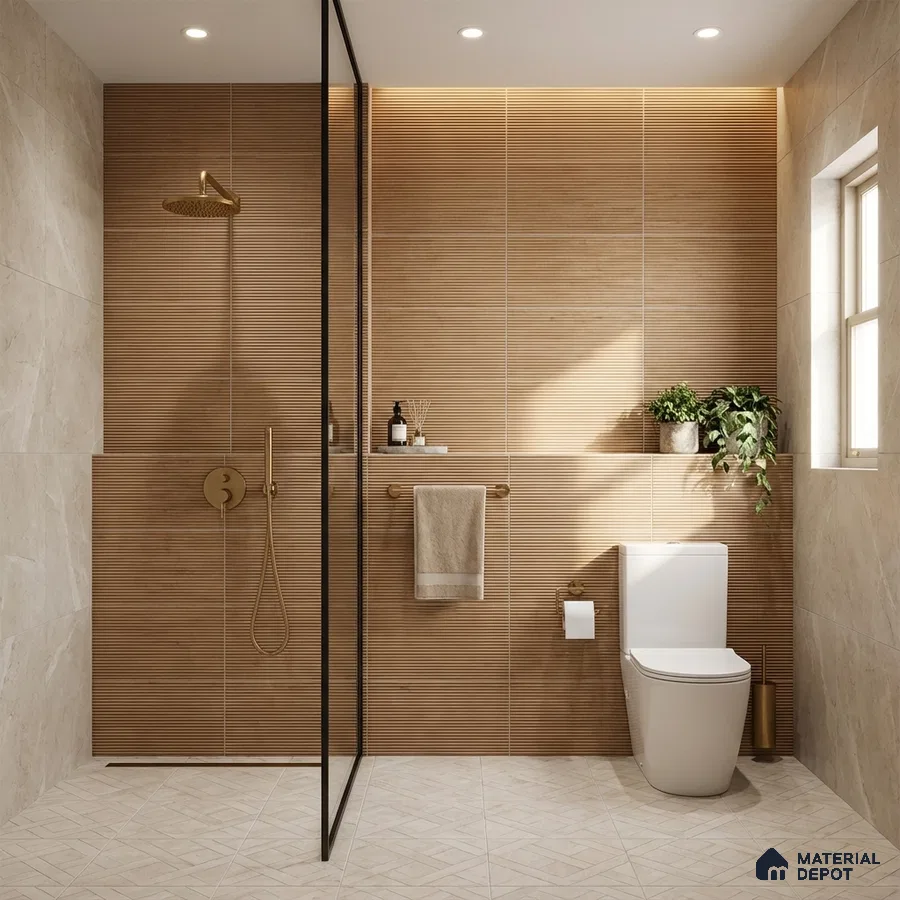 Minimalist bathroom with beige fluted wall tiles and light beige geometric floor tiles