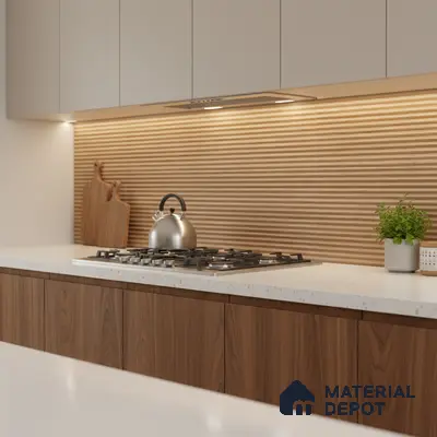 Scandinavian kitchen with walnut wood laminate, white quartz countertop, and fluted wood backsplash tile