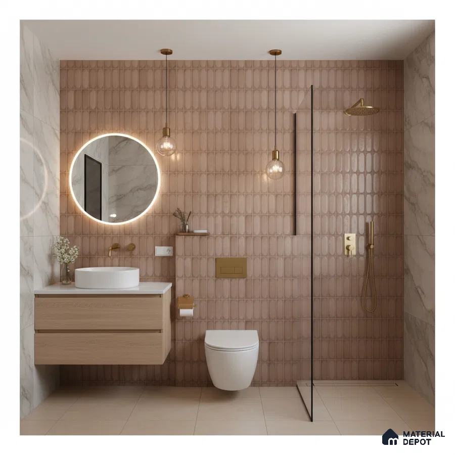 Modern bathroom with terracotta fluted wall tiles, marble-look wall tiles, and light wood floating vanity