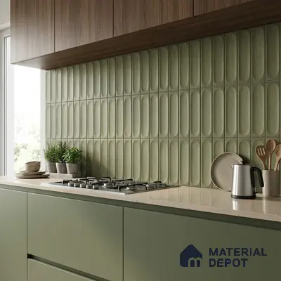 Modern kitchen with sage green laminate cabinets, olive green kitkat wall tiles, and beige quartz countertop