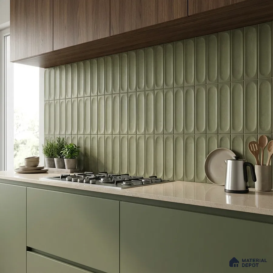 Modern kitchen with sage green laminate cabinets, olive green kitkat wall tiles, and beige quartz countertop
