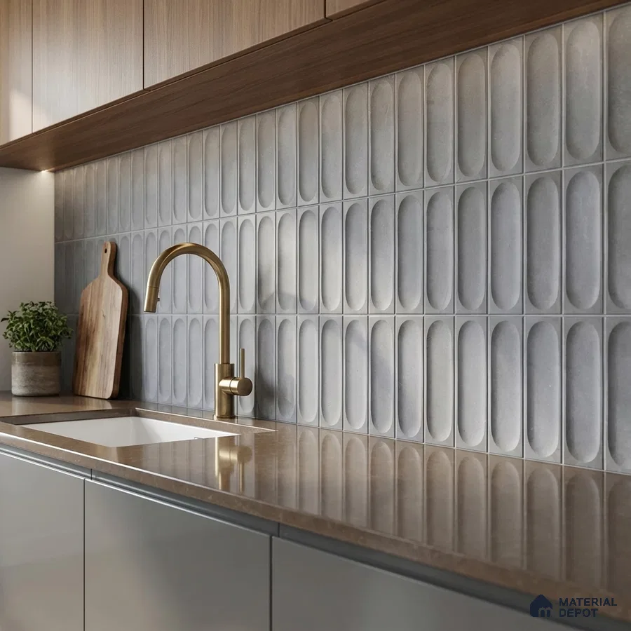 Modern kitchen with taupe quartz countertop, wood laminate cabinets, and grey oval geometric backsplash tiles