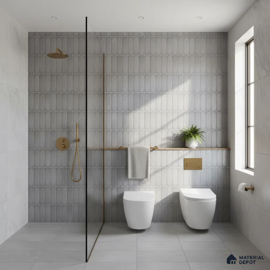 Minimalist bathroom with grey kitkat wall tiles and matte grey floor tiles
