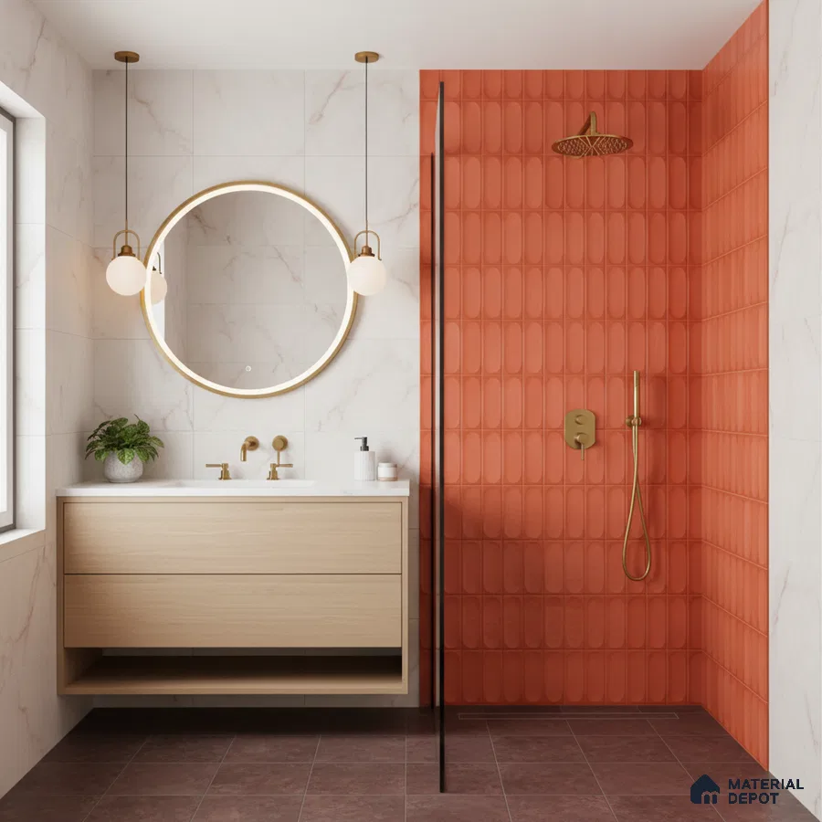 Modern bathroom with terracotta fluted wall tiles, marble-look wall tiles, and floating wood vanity