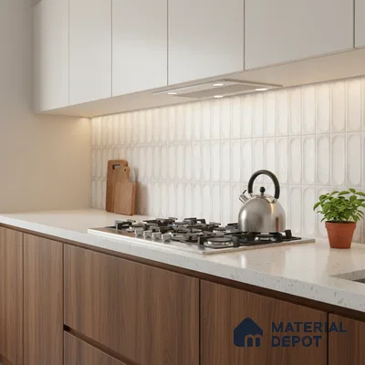 Modern kitchen with walnut wood laminate base cabinets, frosty white laminate wall cabinets, white quartz countertop, and elongated oval white backsplash tiles
