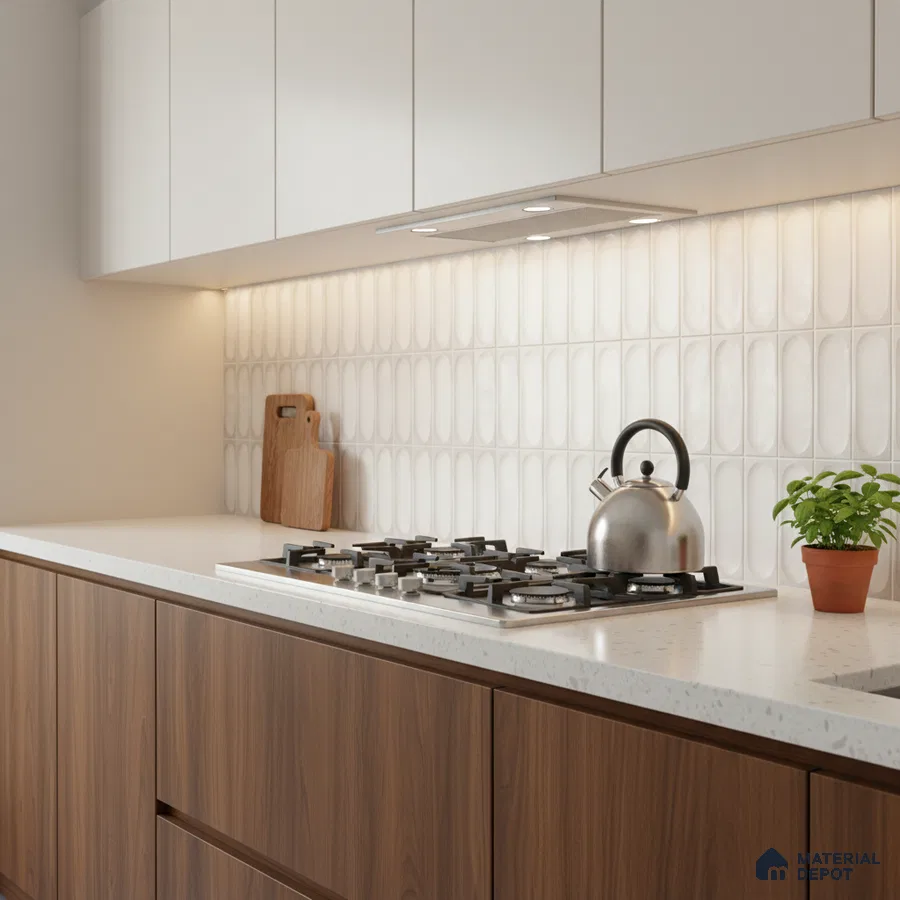Modern kitchen with walnut wood laminate base cabinets, frosty white laminate wall cabinets, white quartz countertop, and elongated oval white backsplash tiles