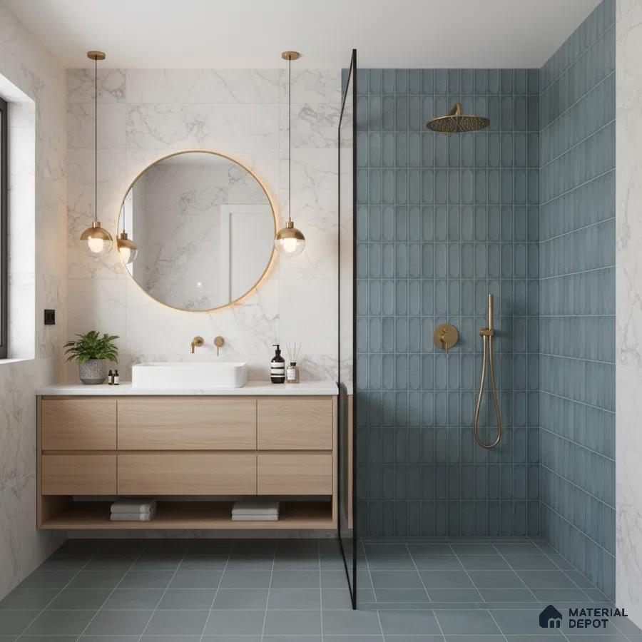 Minimalist kitchen with matte blue laminate cabinets, black quartz countertop, and blue geometric backsplash tile