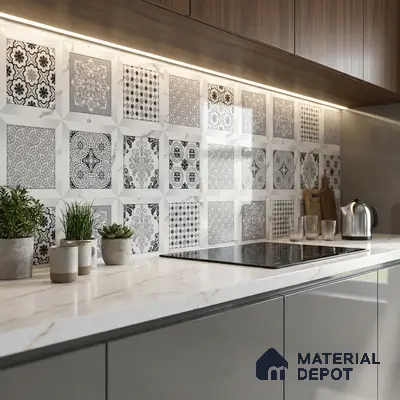 Modern kitchen with patterned black-and-white backsplash tiles, marble-look quartz countertop, and walnut wood laminate cabinets