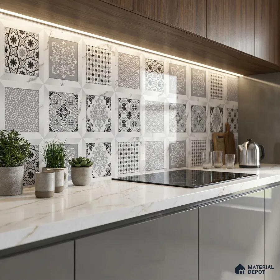 Modern kitchen with patterned black-and-white backsplash tiles, marble-look quartz countertop, and walnut wood laminate cabinets
