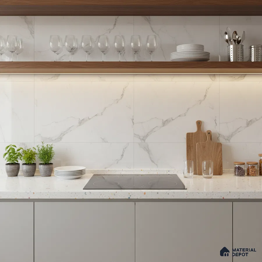 Modern kitchen with white marble-look backsplash tile, terrazzo countertop, and walnut open shelves