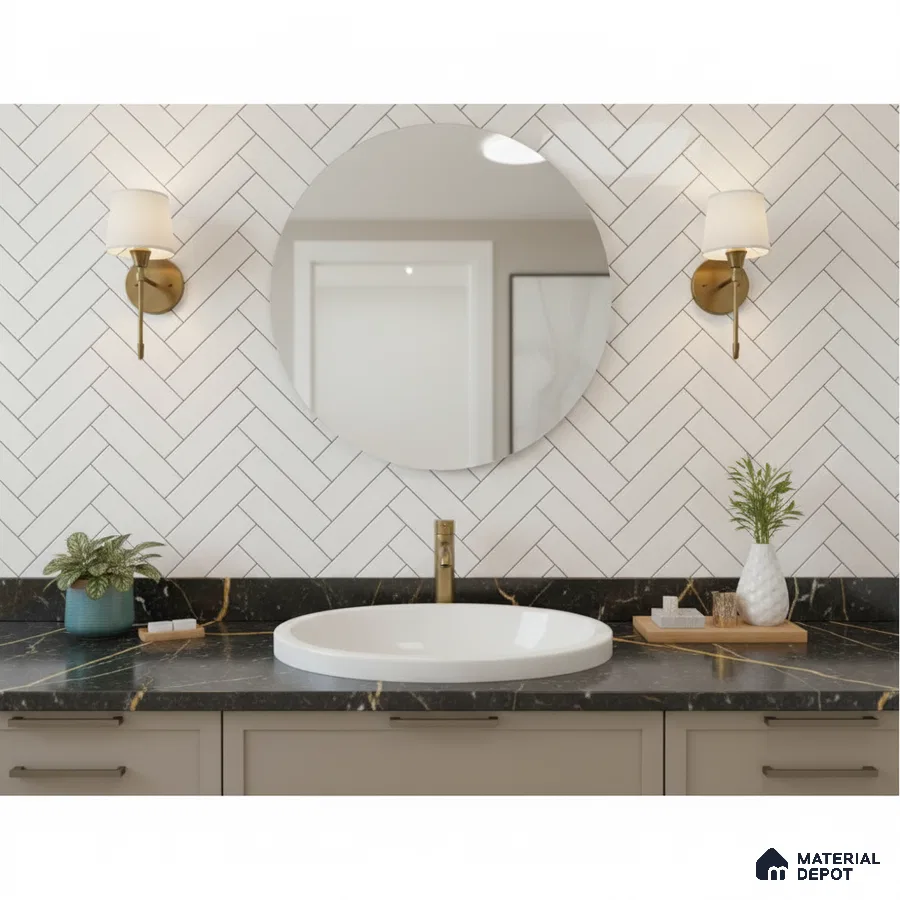 Minimalist kitchen with white herringbone subway tile backsplash and wood open shelf