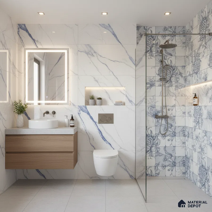 Modern bathroom with blue vein marble wall tiles and floral patterned shower tiles