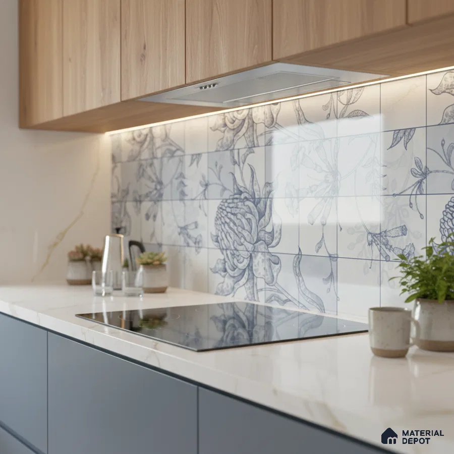 Modern kitchen with blue floral patterned backsplash tile, white marble countertop, and light oak laminate cabinets