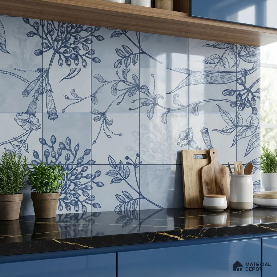 Modern kitchen with blue floral patterned backsplash tiles, black marble countertop, and blue laminate cabinets