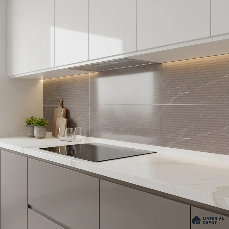 Modern kitchen with white marble-look quartz countertop and taupe marble-look backsplash tile