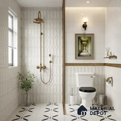 Modern bathroom with white 3D wall tiles and black-and-white floral patterned floor tiles