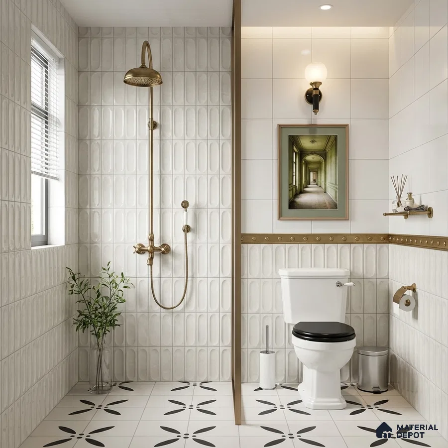 Modern bathroom with white 3D wall tiles and black-and-white floral patterned floor tiles