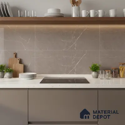 Modern kitchen with taupe matte laminate cabinets, white quartz countertop, and taupe marble-look backsplash tile
