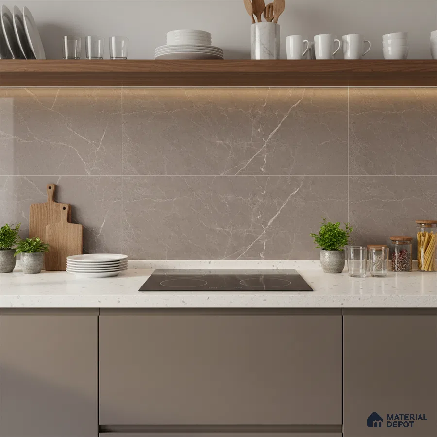 Modern kitchen with taupe matte laminate cabinets, white quartz countertop, and taupe marble-look backsplash tile