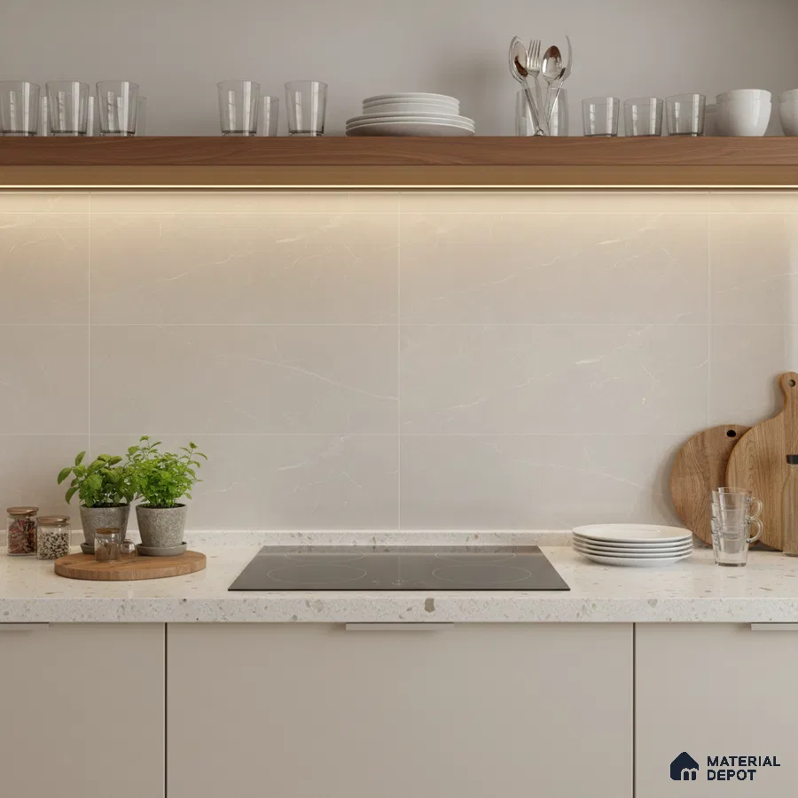 Minimalist kitchen with white marble-look backsplash tile, terrazzo countertop, and walnut wood shelf