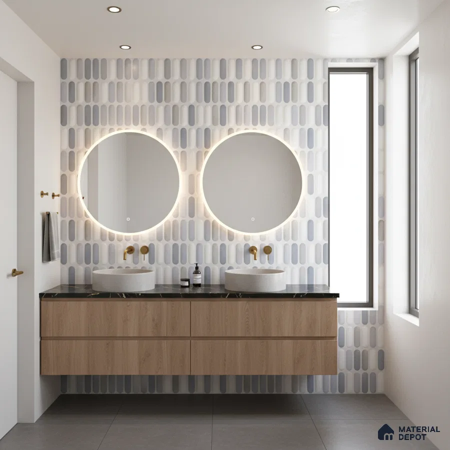 Scandinavian bathroom with light wood floating vanity, black quartz countertop, and grey kitkat wall tiles