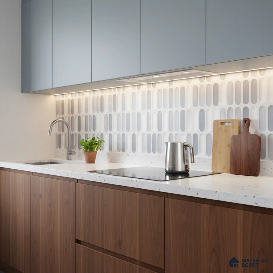 Modern kitchen with light blue laminate, walnut wood laminate, terrazzo countertop, and geometric white backsplash tile