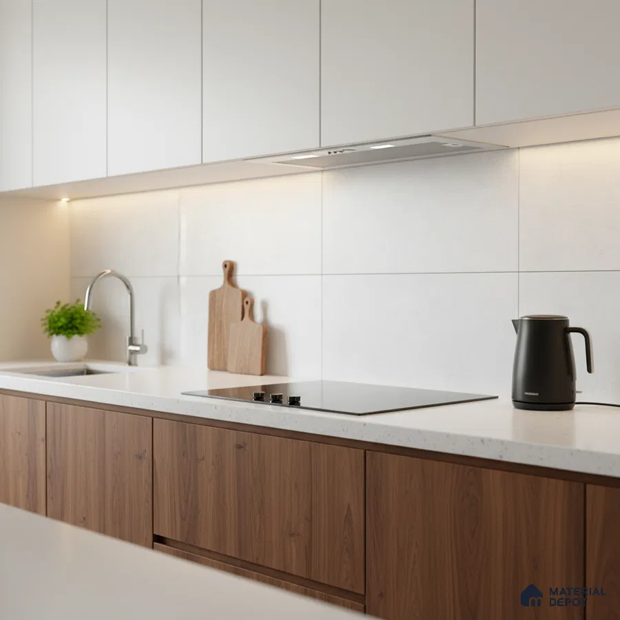 Minimalist kitchen with white laminate cabinets, walnut wood laminate base, and white quartz countertop